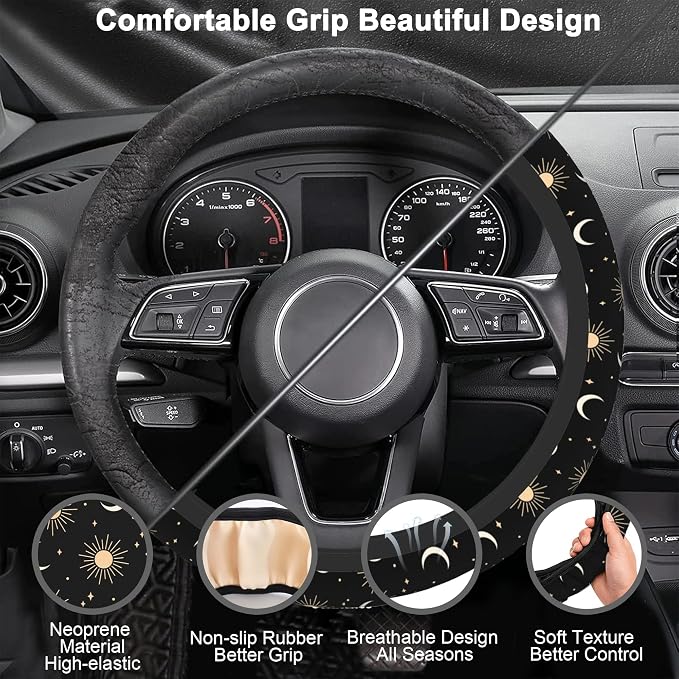 Sun Moon Steering Wheel Cover for Women Girly,Stars and Clouds 15 Inch Non-Slip Breathable Neoprene Steering Wheel Cover Fit Auto,SUVs,Includes 2 PCS Cup Coasters