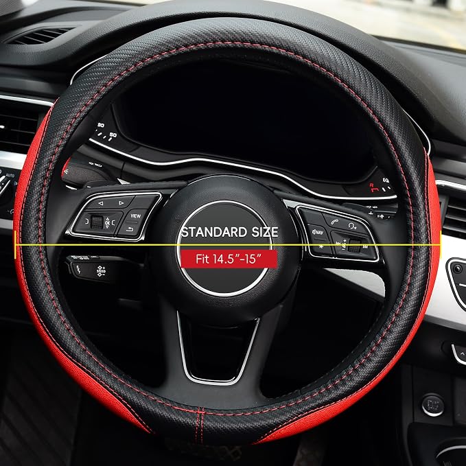 Microfiber Leather Auto Car Steering Wheel Cover, Universal 15 Inch Anti-Slip Wheel Protector, Red