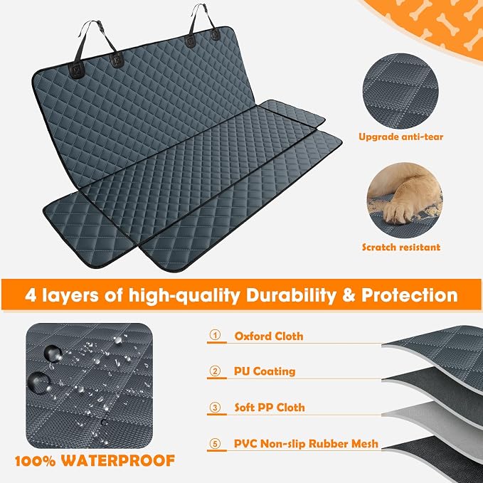 Dog Car Cover for Back Seat Cover Protector Waterproof Dog Seat Covers for Cars, Car Seat Protector for Dogs with 1 Dog Seat Belt, Nonslip Back Seat Cover for Kids, Trucks & SUV, Grey