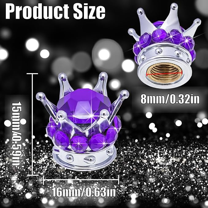 4PCS Crown Bling Tire Stem Valve Caps, Crystal Diamond Car Wheel Tire Valve Caps Universal Copper Core Stem Covers for Cars, SUV, Trucks, Bikes, Motorcycles, Bicycles (Silver & Purple)