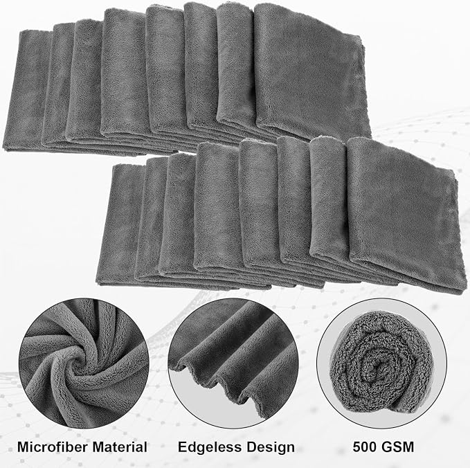 30 Pcs 12.5 × 12.5 Inch Edgeless Microfiber Plush Towels for Cars Detailing Drying Wash Polishing Absorbent Cleaning Cloths, 500 GSM (Gray)