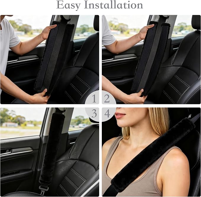 Soft Faux Fur Universal Fit Seatbelt Cover Car Truck SUV Airplane Seat Belt Shoulder Pad for Carmera Backpack Straps Neck Cushion Protector Extra Long 19.7in Black