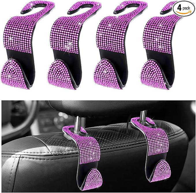 4 PCS Car Seat Headrest Hooks, Bling Crystal Rhinestone Back Seat Hanger Storage Organizer, Sparkly Seatback Holder Hooks for Purse and Bags Universal For Most Vehicles (Pink)