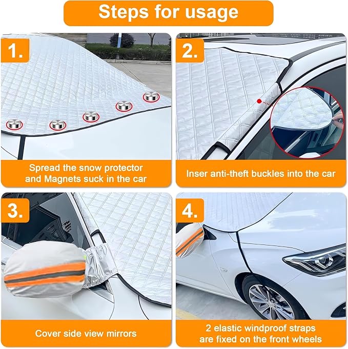 All-Weather Windshield Cover for Winter Ice & Snow and Summer Sun, 4-Layer Windproof Windshield Protector with Mirror Covers & Door Flaps, Universal Fit for Cars SUVs Trucks Vans (91” x 47”)