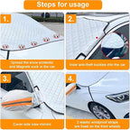 All-Weather Windshield Cover for Winter Ice & Snow and Summer Sun, 4-Layer Windproof Windshield Protector with Mirror Covers & Door Flaps, Universal Fit for Cars SUVs Trucks Vans (91” x 47”)