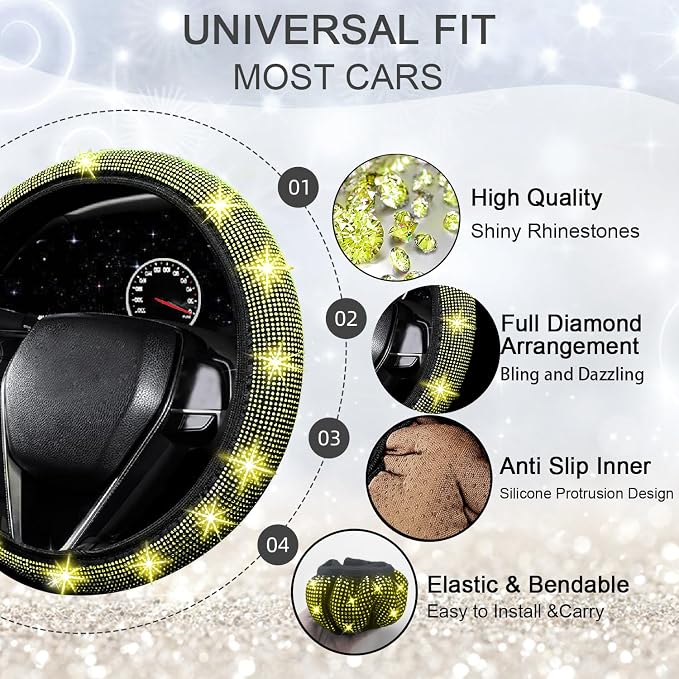 27 PCs Yellow Bling Car Accessories Set for Women, Steering Wheel Covers Universal Fit 15 Inch, Bling License Plate Frame, Bling Phone Holder, Bling Car Coasters (Yellow Diamond)