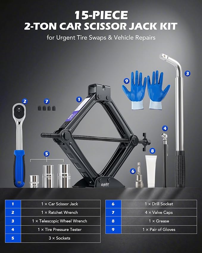 2 Ton Scissor Jack, 15 pc. Dual-Action Car Scissor Jack Kit for Sedan SUV MPV with Ratchet Wrench Drill Sockets, 4409 lb. Portable Car Jack and Stand Kit for Spare Tire Changing