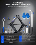 2 Ton Scissor Jack, 15 pc. Dual-Action Car Scissor Jack Kit for Sedan SUV MPV with Ratchet Wrench Drill Sockets, 4409 lb. Portable Car Jack and Stand Kit for Spare Tire Changing