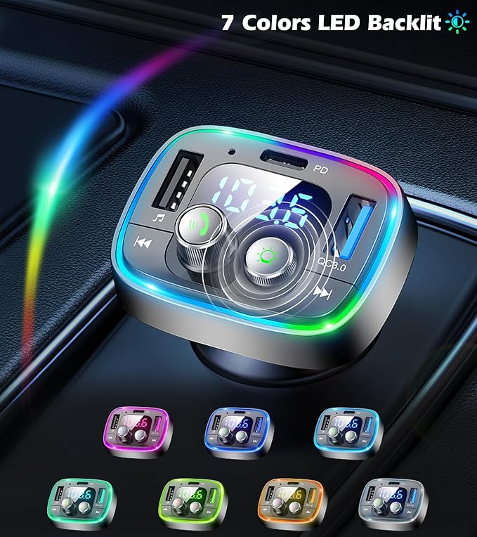 FM Transmitter for Car Bluetooth Adapter 5.4,48W PD+QC Fast Charging,Hands-Free Calling,Streams Spotify/Navigation/Music via Car Radio,Wireless Upgrade Non-Bluetooth Cars,USB-C,USB/TF,12V/24V