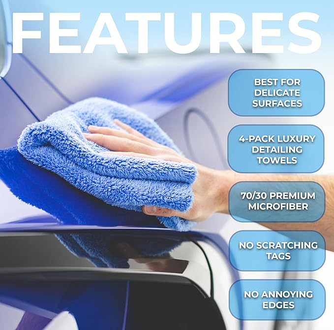Eagle Edgeless 500 (4-Pack) Professional Korean 70/30 Blend Super Plush Microfiber Detailing Towels, 500GSM, 16in x 16in, Blue