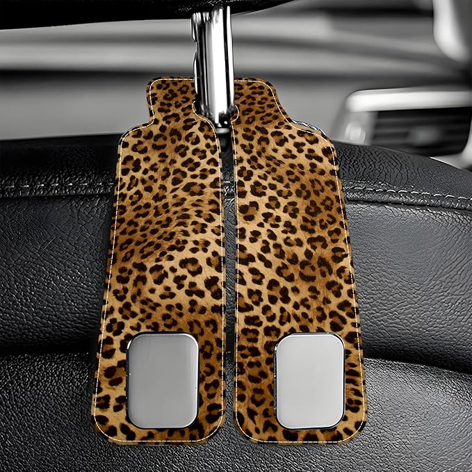 1 Pack Car Seat Headrest Hooks for Purses and Bags Abstract Brown and Black Leopard Bag Purse Holder for Car with Double Metal Hooks Car Purse Hanger Hanging Accessories