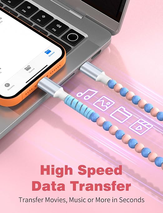 USB A to USB C Cable 3FT,Beaded Charger Cord for iPhone 17 16 Pro Max 16e 15 Car play,Cute TypeC Car Charger Charging Cord for iPad 10 11th/Samsung S26 S25 S24/Pixel/Android Phone Girls Women,PinkBlue