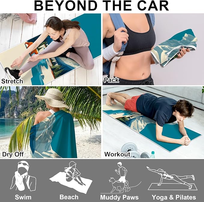 2 Pack Car Towels Seat Cover with Storage Bag, Multifunctional Microfiber Towel for Gym Outdoor Sport Running,Picnic, Beach, Pet Dog Travel,Fits Car SUV Truck (Snow Moutain)