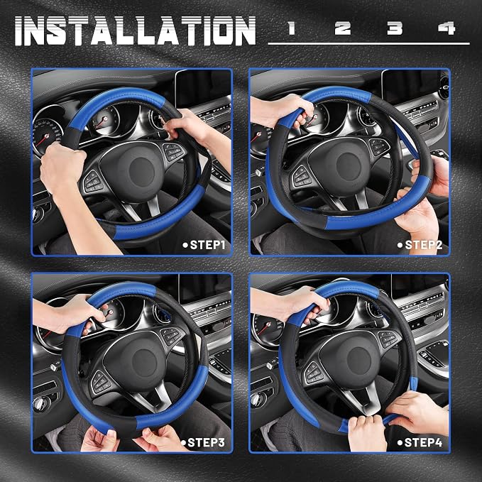 Car Steering Wheel Cover Universal Standard Size 14.5-15 inch, Black and Blue Microfiber Leather