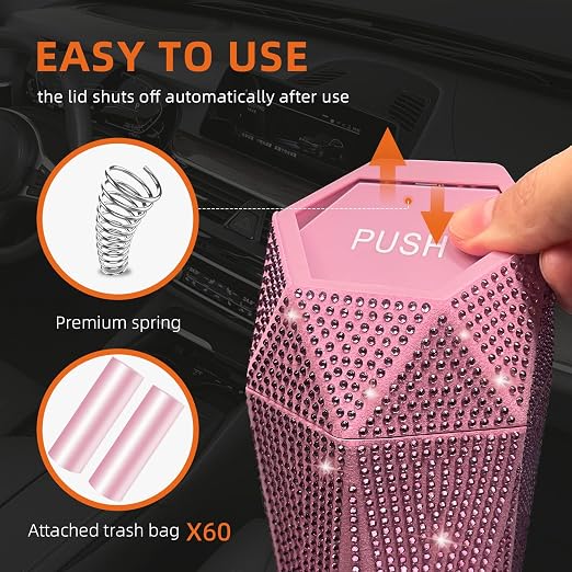 2 PCS Bling Car Trash Can with Lid, Bling Car Accessories Trash Bin, Leakproof Auto Garbage Can with 60 Trash Bags, Multipurpose Organizers and Storage for Home, Office (Pink Diamond)