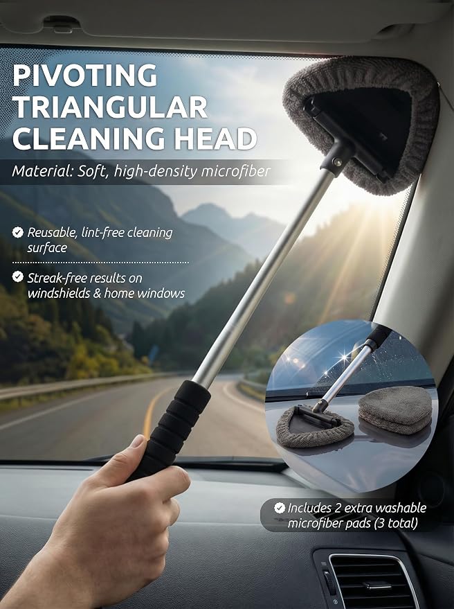 Window & Windshield Cleaner, Extendable, 3 Microfiber Pads (Grey) | Pivoting Triangle Head Wiper Cleans Interior & Exterior Glass, 3 Washable Reusable Bonnets, Lint-Free
