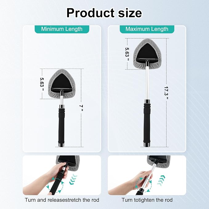 Windshield Cleaner Tool, Car Interior and Exterior Window Cleaning Kit with Extendable Handle & 4 Reusable Microfiber Pads, Auto Glass Wiper Brush Kit for Car & Home Windows (Grey)