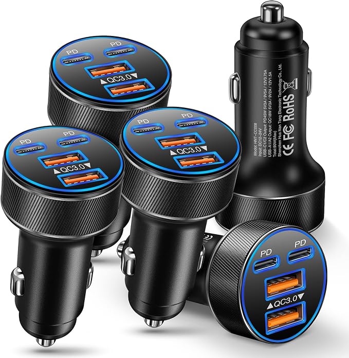 USB C Car Charger, Multi Port 90W Super Fast Charging Cigarette Lighter Adapter, 4-in-1 Dual USB-C & USB-A Car Phone Power Adapter for iPhone 17/16/15/Pro Max, iPad, Samsung Galaxy S25 (Black, 5-Pack)
