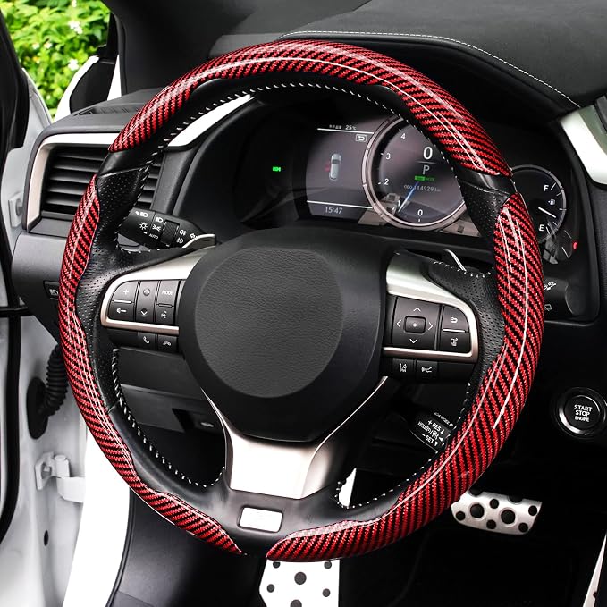 3pcs Carbon Fiber Anti-Skid Steering Wheel Cover, Waterproof Design, Universal Fit for 14-16 Inch Car Wheel Cover, Interior Car Accessories for Jeeps, SUVs, Trucks (Glossy Red)