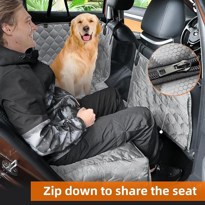 Dog Car Seat Cover with Mesh Window, 100% Waterproof Pet Seat Cover for Back Seat, Scratchproof Dog Hammock for Cars, Trucks, SUVs, Jeeps (Gray)