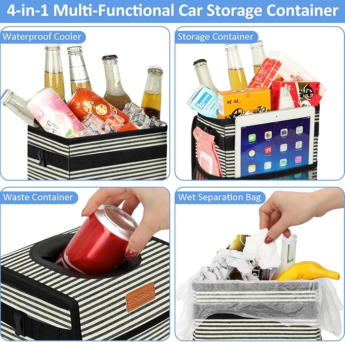 Car Trash Can Bin for Back Seat Leak Proof, Cute Car Trash Bag Hanging, Vehicle Trash Can for SUV Truck Van, Automotive Garbage Cans Front Seat Stripe
