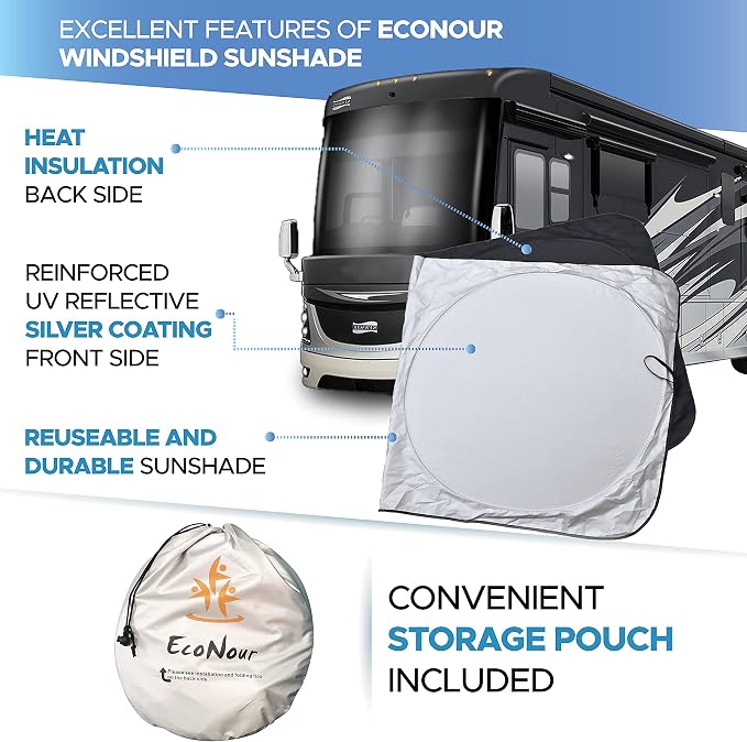 RV Windshield Sunshade | Reflective RV Windshield Cover for UV Rays & Heat Protection, Keeps Your RV Motorhome Cool | Shades for RV Fits RVs, Trucks, Motorhomes, Buses | XXXXX-Large 102"x51"
