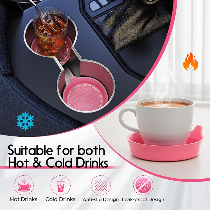 Car Cup Coaster Universal Non-Slip Cup Holders Bling Crystal Rhinestone Car Interior Accessories 4 Pack Peach Pink