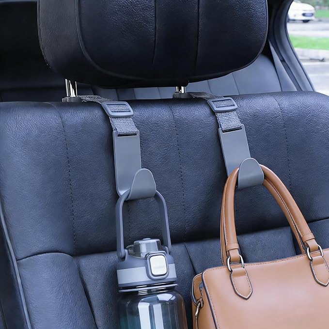 Adjustable 4-Pack Car Headrest Hooks - Universal Seat Back Organizer with Heavy-Duty Clip for Purses, Bags & Groceries Gray