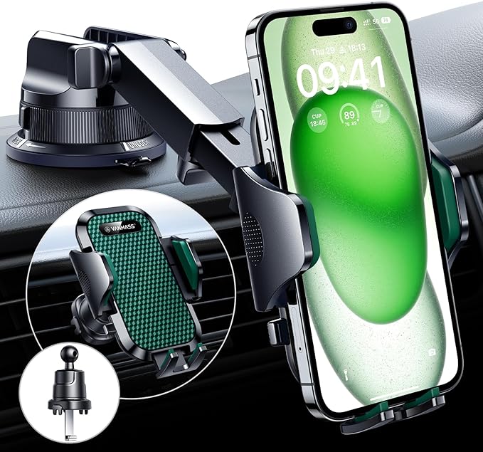 [True Military-Grade] Car Phone Holder [Strongest Suction & Clip] Cell Phone Mount for Dashboard Windshield Vent Truck Accessories Cradle Dash Stand for iPhone 15 14 13 12 Android,Green