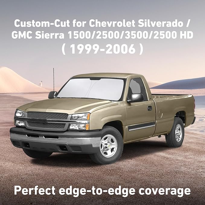 Windshield Sunshade Compatible for Chevrolet Silverado/GMC Sierra 1500 2500 3500 2500HD 1999-2004 2005 2006, Sun Visor for Front Window Sun Shade Cover, UV Heat Protector, Car Accessories