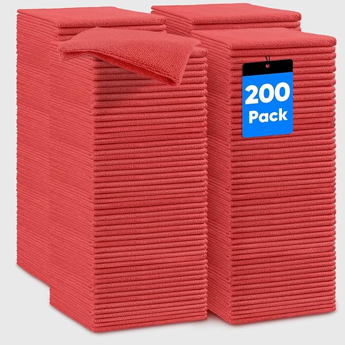 Red Microfiber Cleaning Cloths, 200 Pack Microfiber Towels for Cars, Lint Free & Scratch-Free Bulk Cleaning Rags for House, Kitchen, Car and Shop, Absorbent Cleaning Towels 11.5 x 11.5 inch