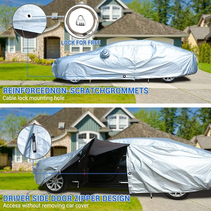 Car Cover Waterproof All Weather, 2023 8 Layers Soft Cotton Fleece Lining Full Exterior Covers with Zipper Door & Lock, Windproof Sun UV Hail Protector Car Cover Fit Sedan 170-190 Inches
