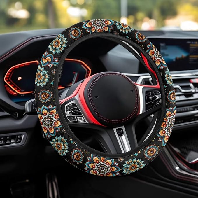 Bohemia Flower Steering Wheel Covers 14-15" inch Universal Fit Most Car Sedans SUVs Comfort Grip Comfortable Handmade Breathable Steering Wheel Protector