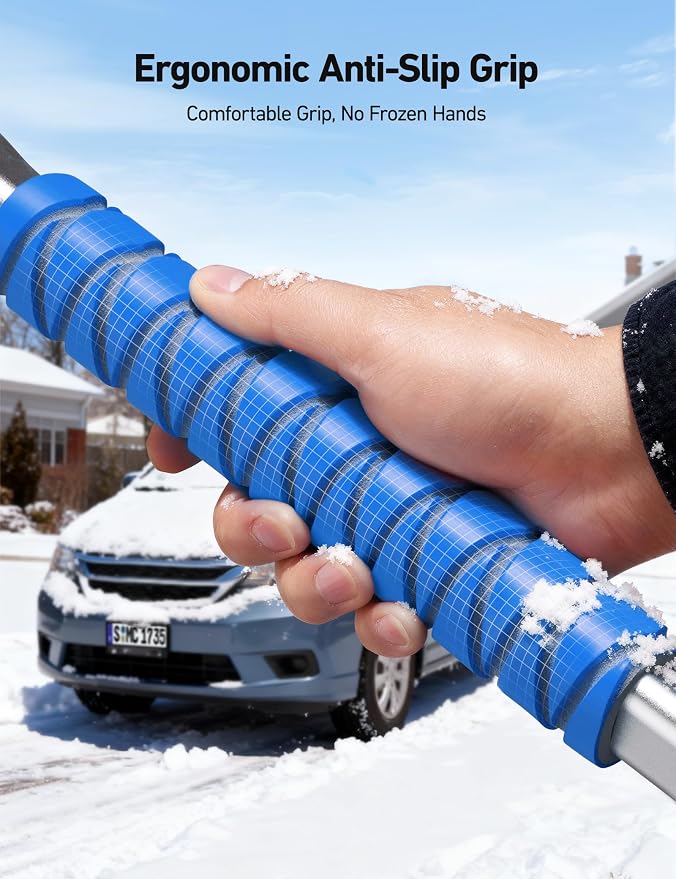 47.2" Ice Scrapers for Car Windshield, 3 in 1 Sturdy Snow Brush with Squeegee, 10 Adjustable Length Settings, Extendable Aluminum Handle, 180° Pivoting Snow Scraper for Car, Truck, SUV(Blue)