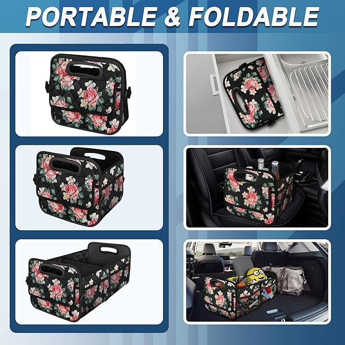 Trunk Organizer and Storage with Reinforced Handles,Car Accessories for Women/Men 50L Waterproof Polyester Trunk Organzier for Car/SUV/Minivan/Truck(Medium, Floral)