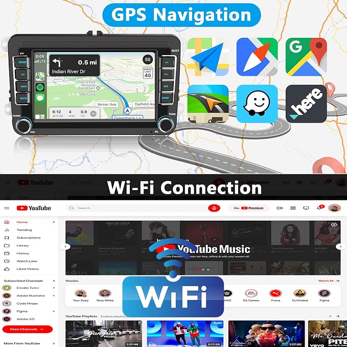 Car Stereo for VW Volkswagen Jetta Golf Passat Beetle Tiguan Polo EOS, 7" Touchscreen Car Radio with Wireless Apple CarPlay & Android Auto,YouTube,GPS, WiFi, Bluetooth, FM,SWC, DSP（with Accessories）