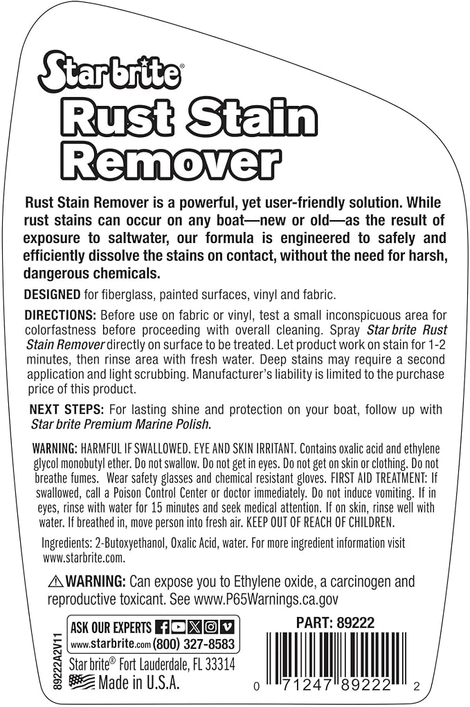 Rust Stain Remover Spray - Instantly Dissolve Corrosion Stains on Fiberglass, Vinyl, Fabric, Metal & Painted Surfaces - Also Removes Sprinkler Stains - 22 Ounces (089222SS)