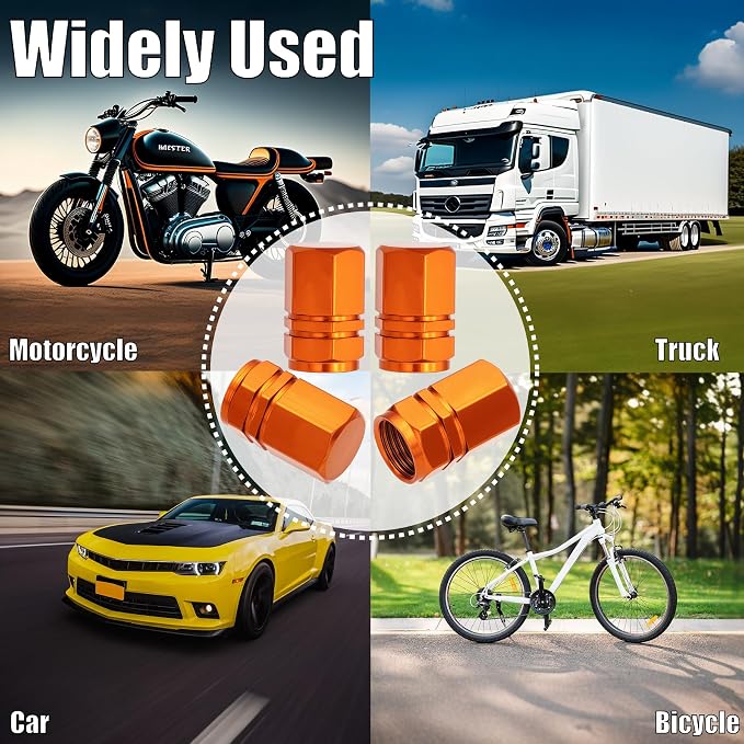 4PCS Tire Valve Stem Caps, with Rubber O-Ring, Corrosion Resistant Leak-Proof, Aluminum Alloy Universal Wheel Valve Covers for Cars, SUV, Trucks, Bikes, Motorcycles, Bicycles(Orange)