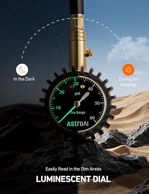 Tire Pressure Gauge for Cars with Large 2" Dial, Solid Brass with Rubber Hose, Air Bleeder Valve, ANSI B40.1, 0-60PSI