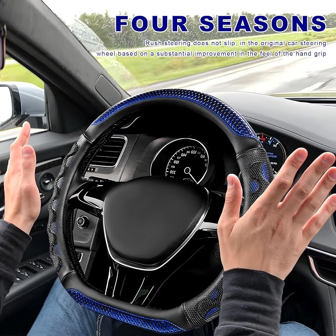 D-Shaped Steering Wheel Cover, Leather Car Wheel Protector with 3D Honeycomb Anti-Slip Design, Universal Breathable Comfy Cover Fits 14.5-15 Inch Steering Wheels, Car Accessories (Blue)
