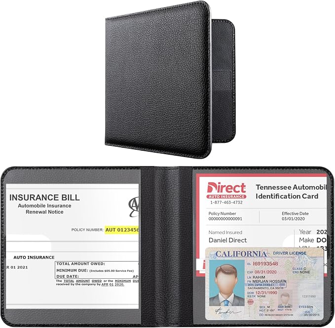 CoBak Car Registration and Insurance Holder - Men and Women Small Lightweight Vehicle Glove Box Car Organizer, Auto Truck Comparment Accessories Case for Essential Document, Driver License (Black)