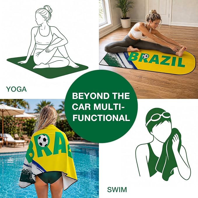 Car Seat Cover Towel, Universal Fit Front Seat 57 x 30 Inch Non Slip Soft Waterproof Absorbent instantly Sweat Protector, for Gym Workout, Swimming, Beach, Soccer, Pet travel (Brazil Soccer Style)