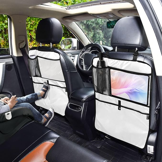 White Car Seat Organizer for Kids Backseat Kick Mat with Adjustable Strap Backseat Protector for Cars Vehicle SUV 1 Pcs