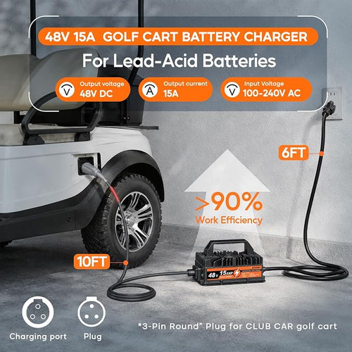 15 AMP Golf Cart Charger 48 Volt 3-Pin Round Plug for Club Car Precedent & DS-Lead Acid Battery
