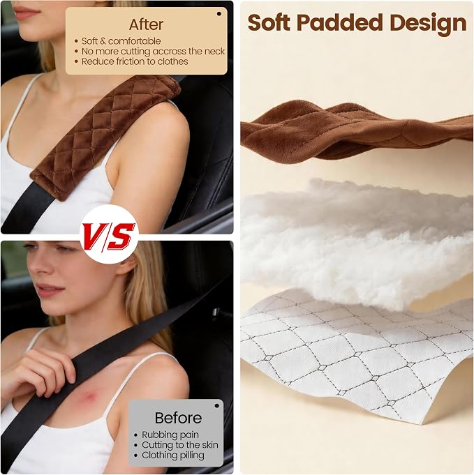 Soft Auto Seat Belt Cover Seatbelt Shoulder Pad Cushions 2 PCS for a More Comfortable Driving Universal Fit for All Cars and Backpack Brown