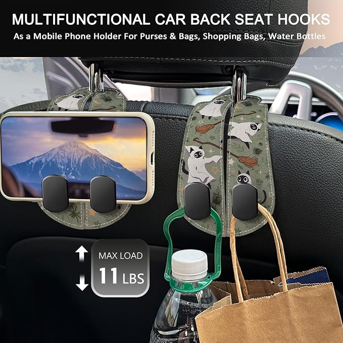 2PCS Car Hooks for Purses Bags, Halloween Spooky Cute Cat Witch Magic Seat Back Storage Headrest Holder Hanger PU Leather Double Metal Backseat Organizer, Women Car Accessories Organization