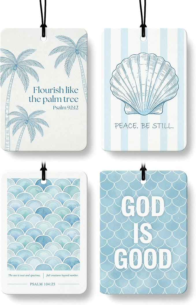 Blue Beach Christian Car Air Freshener 4 Pcs Coconut Scented, Coastal Shells Religious Car Accessories Mirror Decor for Women, Christian Hanging Air Freshener for Cars Closet Drawer Books