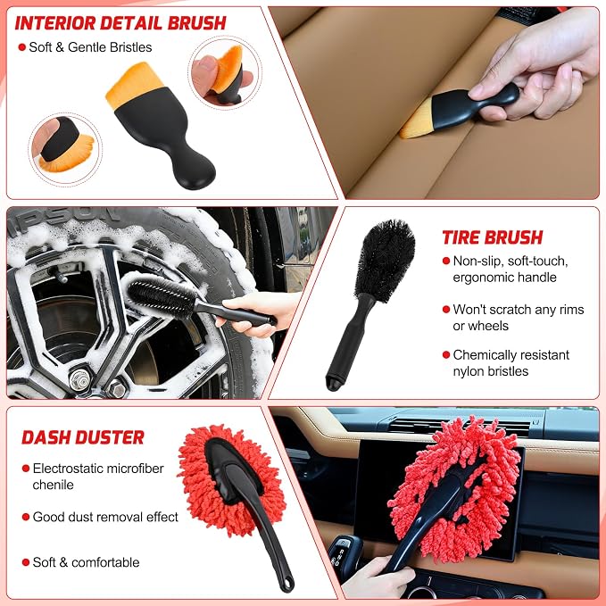 37PCS Car Detailing Kit Auto Cleaning Tools Wash Set with Storage Carry Bag Home Use for Interior Exterior Deep Clean Car Care Windshield Dashboard Seat Air Vents Wheels Tires, Red