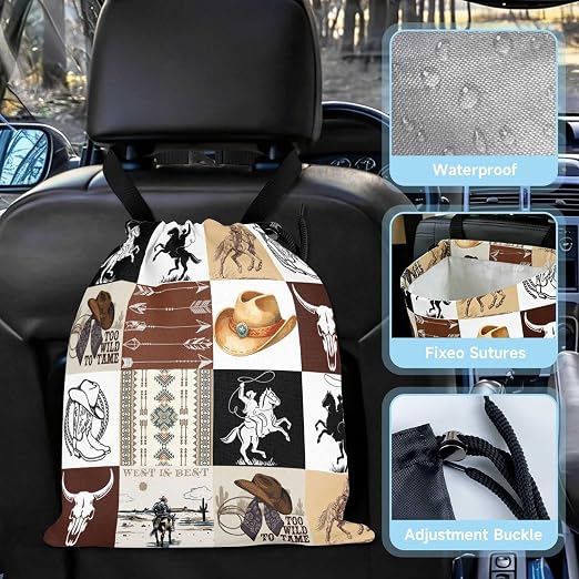 Western Cowboy Car Trash Bag - Waterproof Car Trash Bag Hanging Leakproof Car Garbage Bag - Washable Reusable Trash Bag for Car Interior Hanging Organizer Storage Vehicle Travelling Camping