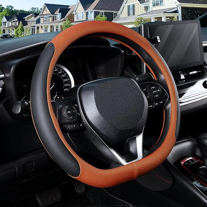 D Shaped Steering Wheel Cover for 14.5-15 inch Flat Bottom Wheels, Breathable Perforated Microfiber Leather, Anti-Slip Grip, Universal Fit for Cars & SUVs, Black and Orange